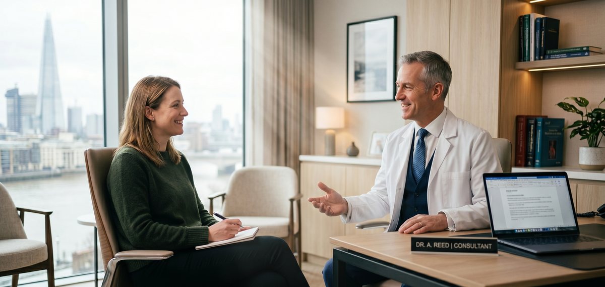 A patient meeting privately with a consultant in a London clinic.
