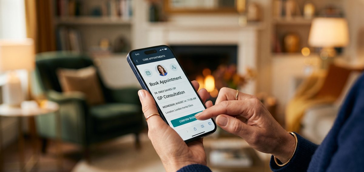 A person booking a private GP and specialist appointment on a smartphone.