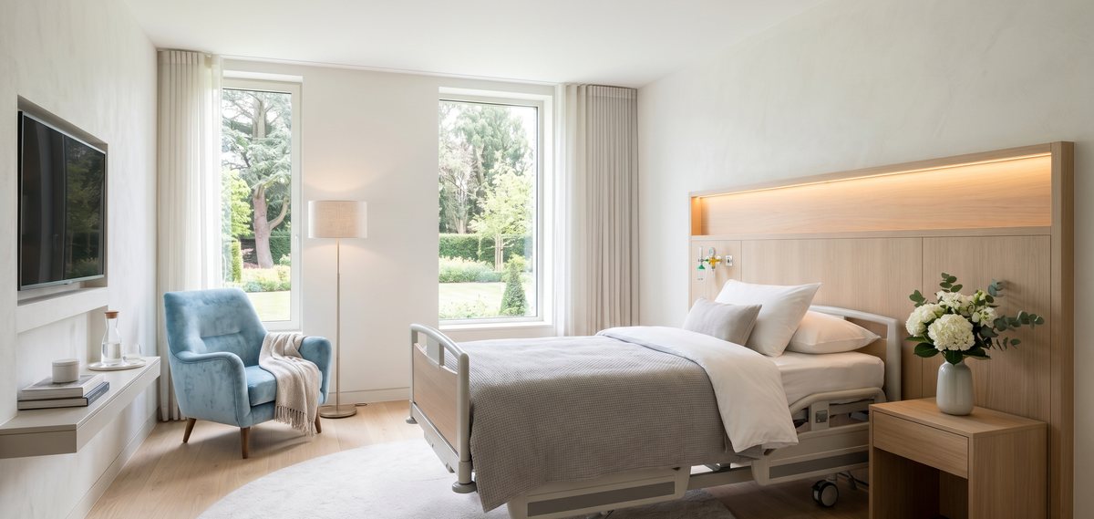 A comfortable private hospital room with a garden view.