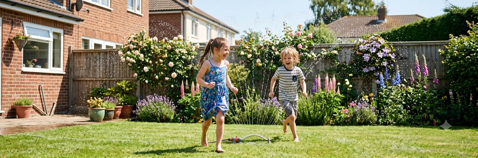 Two children playing in a sunny garden