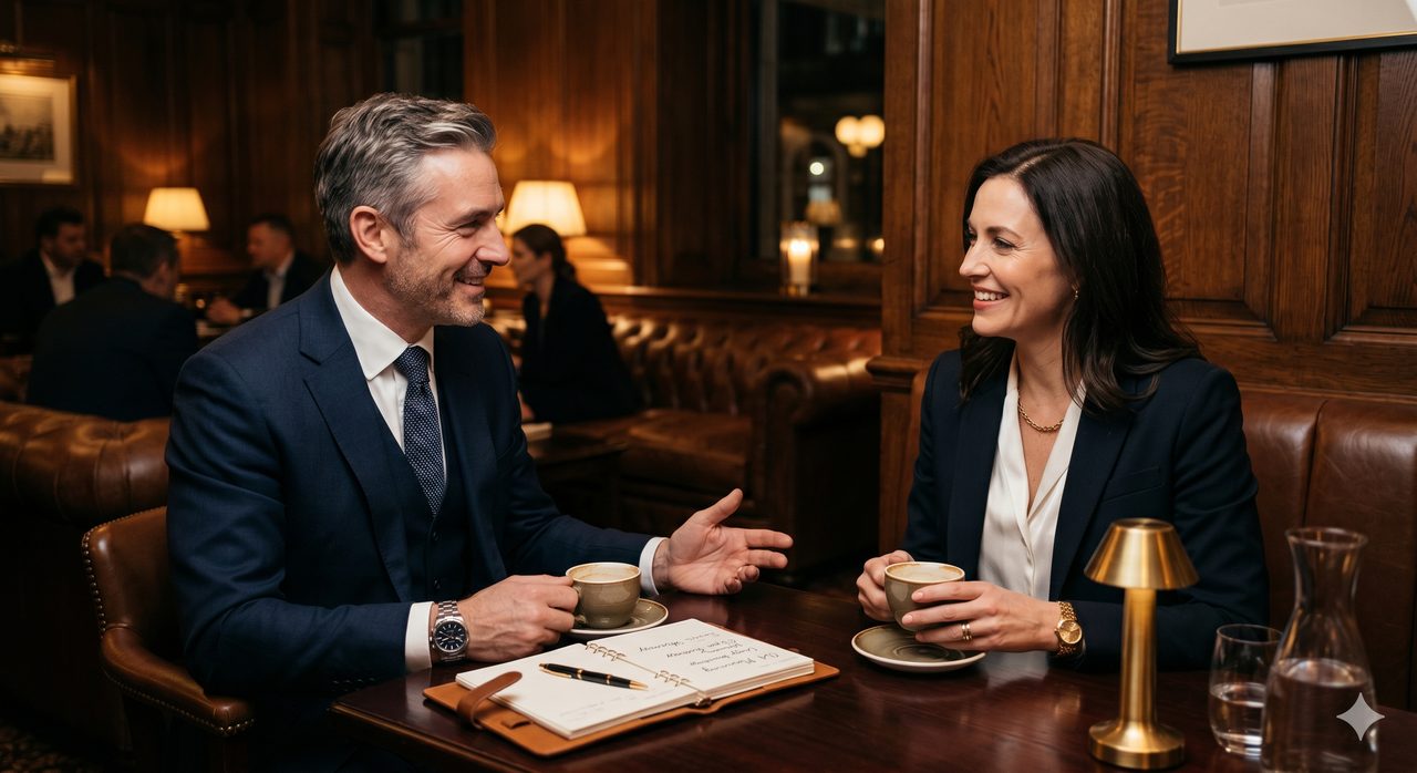 Company director reviewing financial documents in a London office