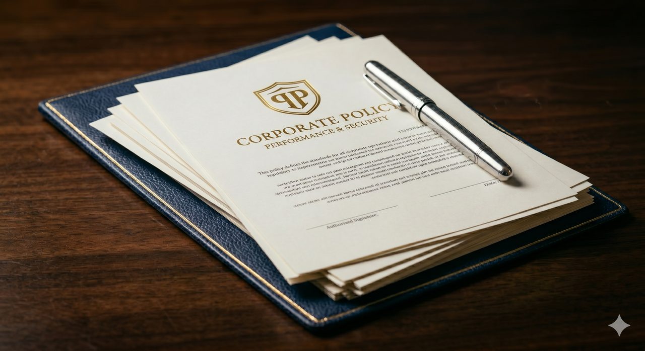Corporate policy document and pen ready for signature