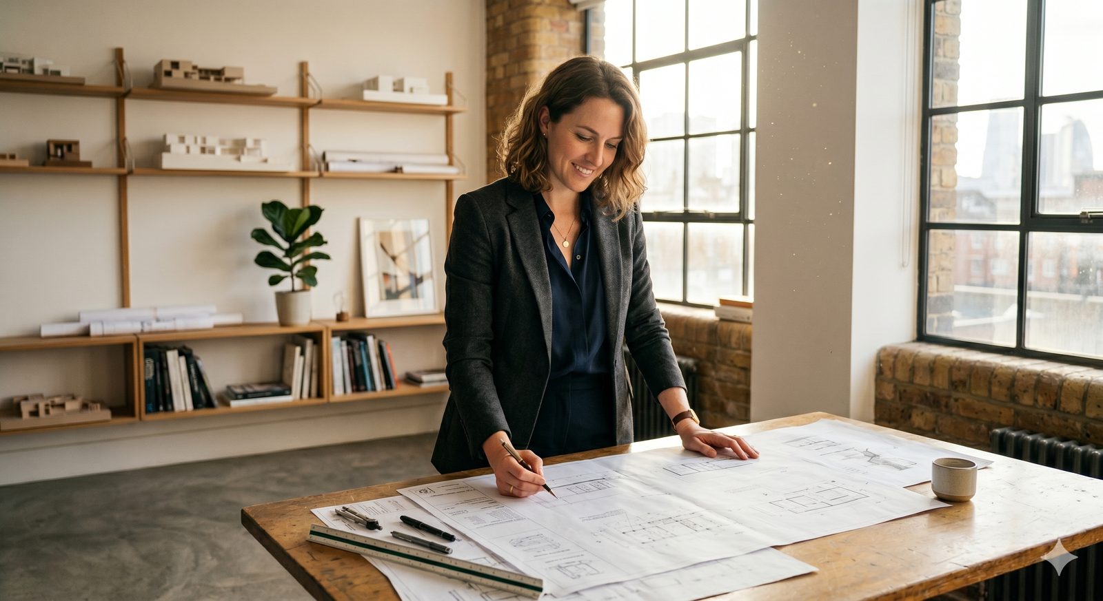 Self-employed architect reviewing plans in her studio