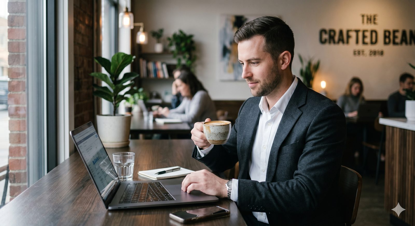Self-employed consultant working on a laptop in a cafe